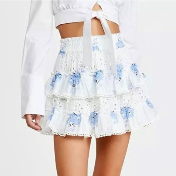 LoveShackFancy Dresses & Skirts - LoveShackFancy Floral White Blue Tiered Mini Bliss Skirt Eyelet Ruffle S Flawed